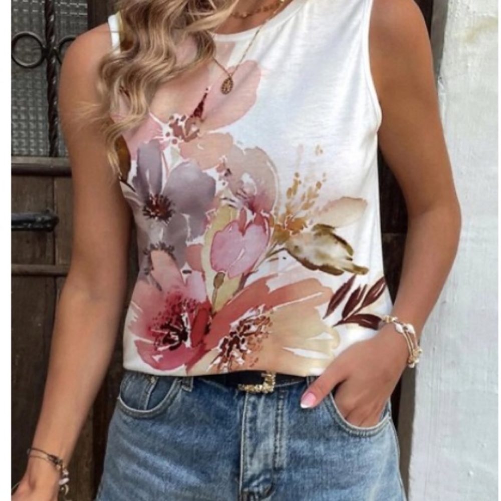 New Lapentry | Brick & White Floral Sleeveless Top - Women size Large